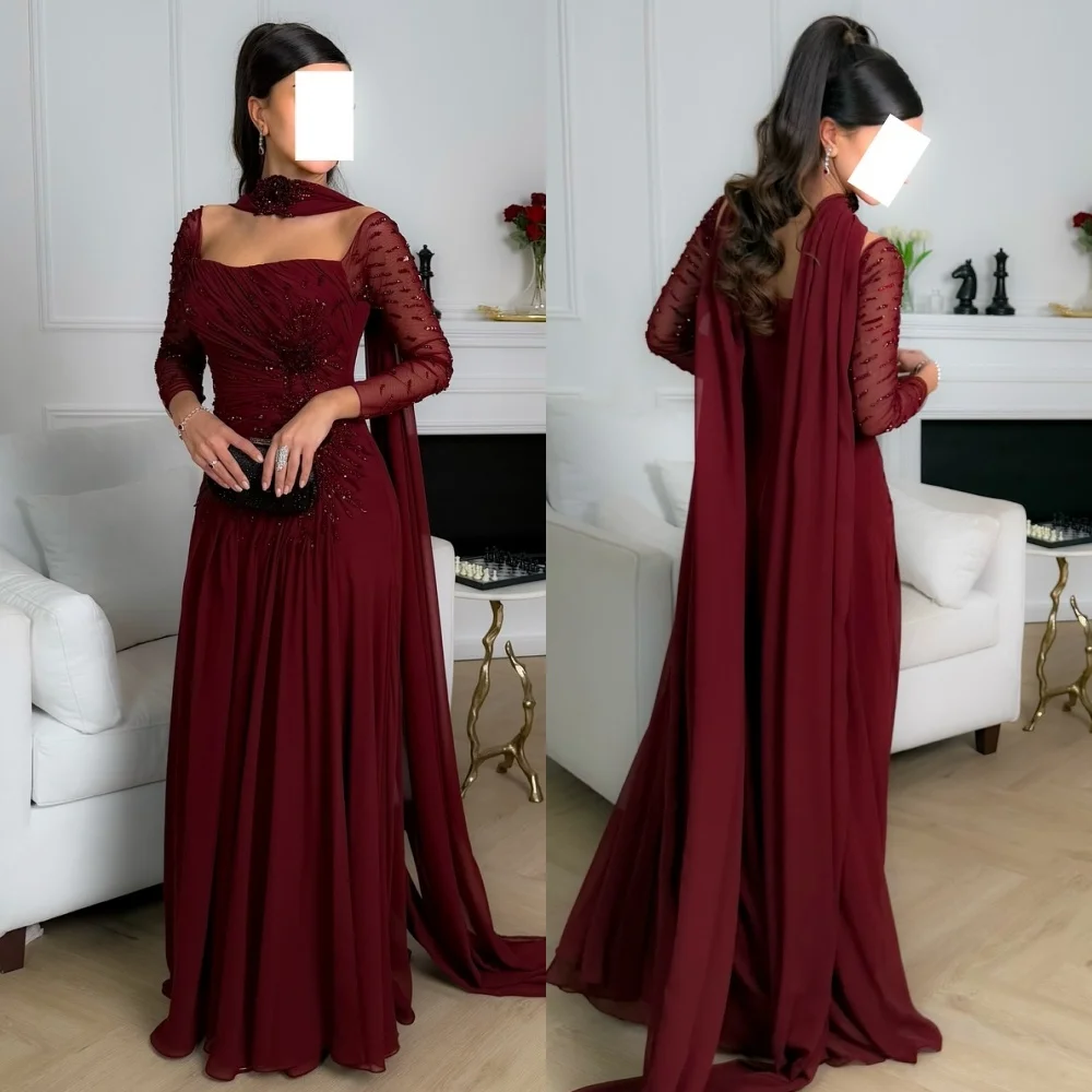 

Customized Matching Exquisite Chiffon Pleat Draped Beading Sequined A-line Square Neck Long Dresses Bespoke Occasion Dresses