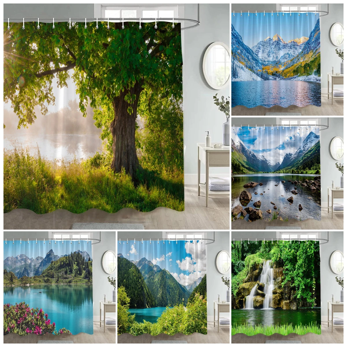 

Natural Rustic Landscape Shower Curtains Lake Mountain Trees Flowers Plant Bath Curtain for Bathroom Decor Polyester Fabric Set