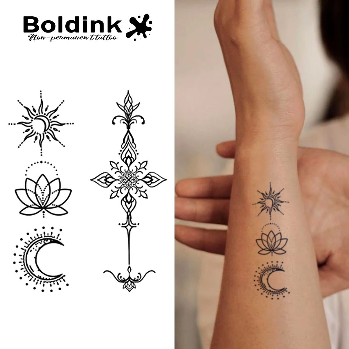 Star - Moon and Lotus Totem Temporary Tattoo,Lasts To 15 Days New Technology Magic Waterproof Semi Permanent Sticker.