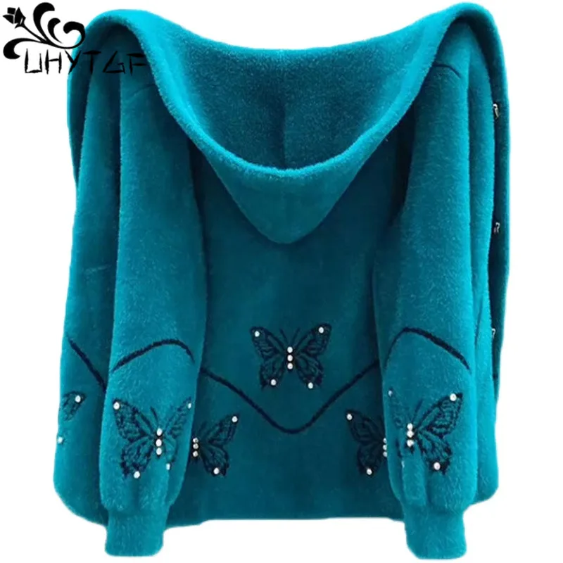 UHYTGF Faux Mink Fleece Autumn Winter Sweater Jacket Women Fashion Hooded Diamond Short Coat Cardigan 3XL Loose Size Sweater1934