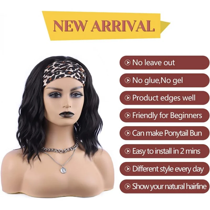 Women's Short Wavy Bob Wig with Headband, Black