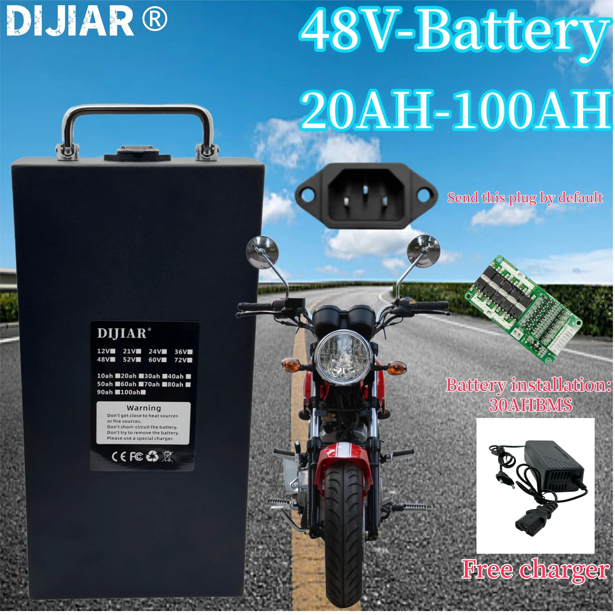

DIJIAR Air transportation, 24-hour delivery, brand new Harley 48V18650 lithium battery, 20AH-100AH, detachable universal type,