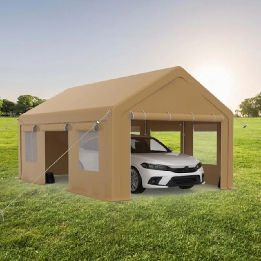 10x20FT Portable Garage, 10'x20' Carport Heavy Duty, Galvanized Frame and 180 g PE Waterproof Canopy, with 4 Doors Included 2 S