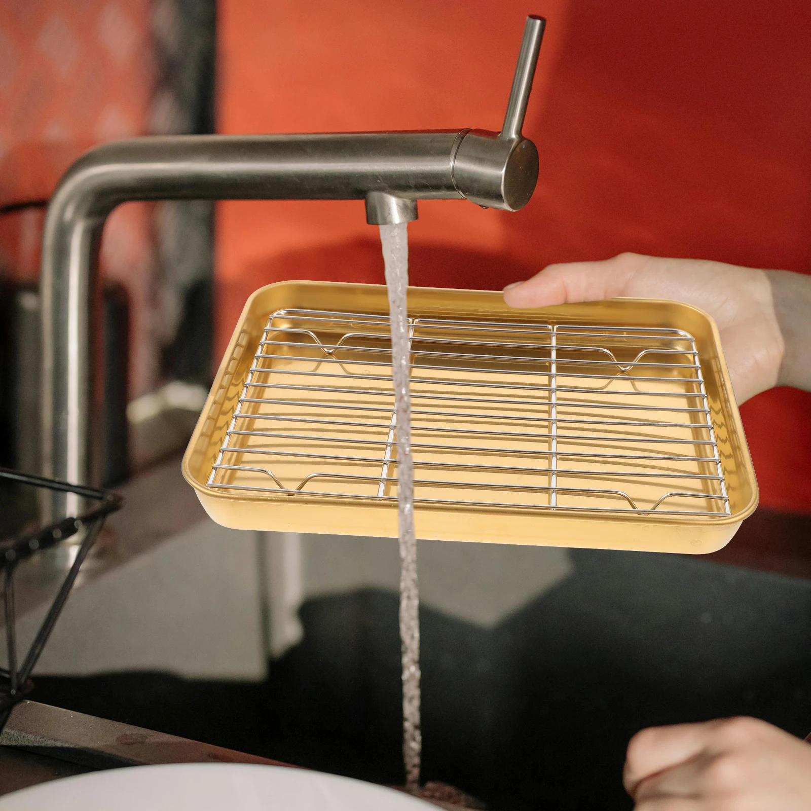 

1 set Stainless Steel Baking Pan Large Capacity Roasting Net Easy Clean Dishwasher Safe Kitchen Supply Moderate Thickness Grid