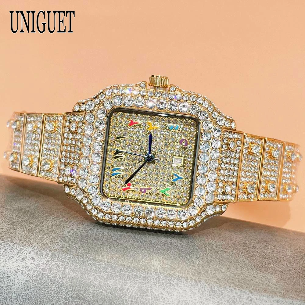 

UNIGUET Luxury Gold Wrist Watch Women Fashion Ice Diamond Shiny Elegant Square Watch Ladies Gift Dropshipping