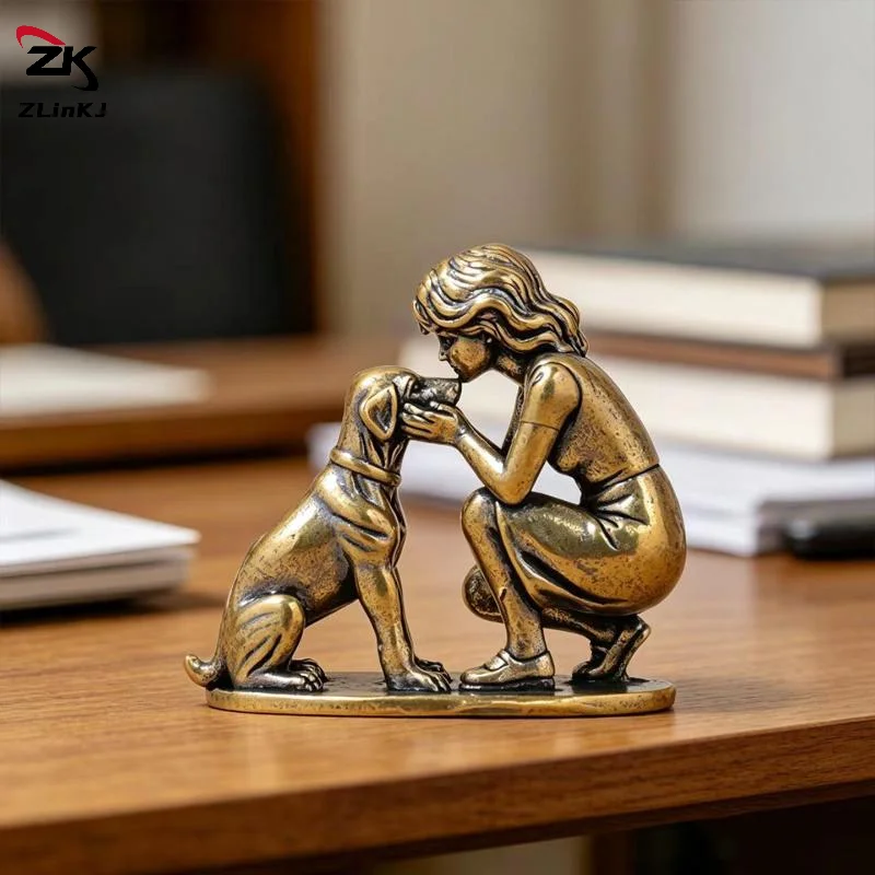 (ZYDD01) 1Pcs Brass Girl Dog Figure Home Desk Ornament Retro Figurine Small Decorative Crafts Creative Decor - view 2