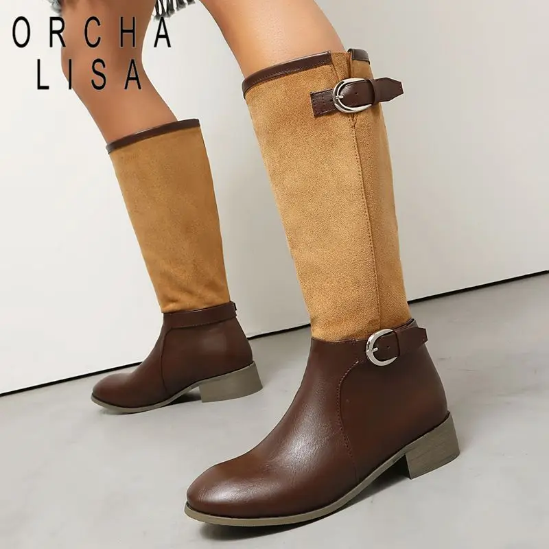 

ORCHA LISA 2025 New Women's Knee High Boots Round Toe 3cm Mid Heel Slip On Mixed Color Extended Size 46-48 Leisure Autumn