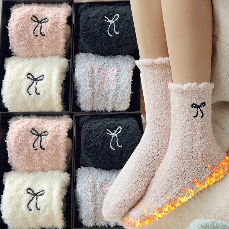 Thickened Bow Coral Fleece Mid Tube Socks Women Plush Thick Warm Foot Autumn Winter Soild Color Simple Harajuku Home Sleep Sock