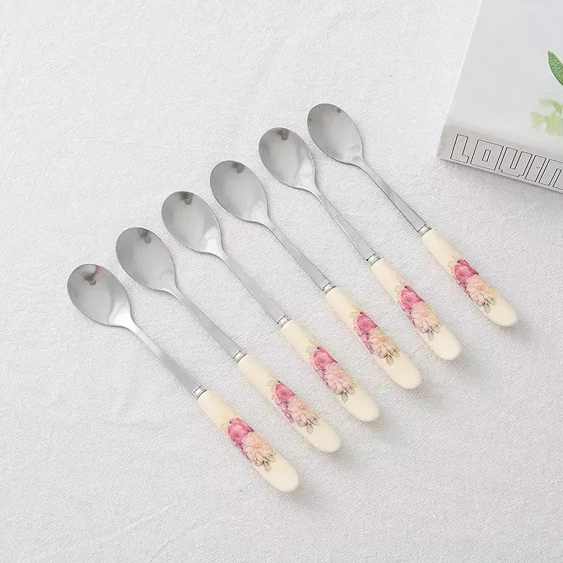 Stainless Steel Ceramic Handle Coffee Spoon Creative Flower Pattern Tea Spoon Honey Dessert Ice Cream Spoon Small Teaspoon