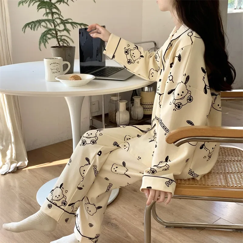 Sanrio new Hello Kitty silk pajamas female cute cartoon casual comfortable cool breathable pure cotton home women\'s pajamas