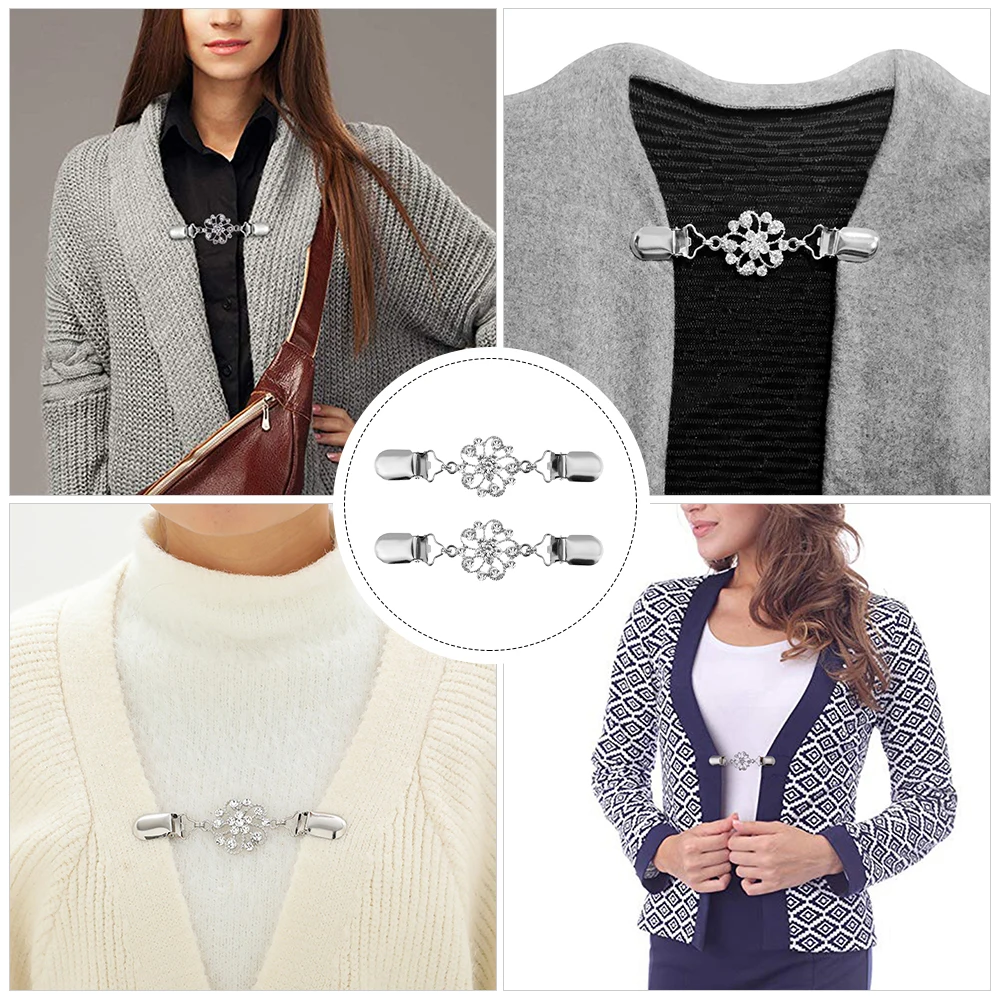 

2 pcs Zinc Alloy Rhinestone Sweater Clips Elegant Flower Brooches Lightweight Ladies Shawl Cardigan Accessories