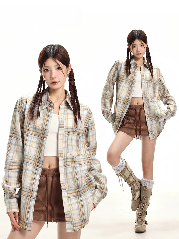 

Vintage American Plaid Shirt Long Sleeve Unisex Loose Fit Collar Button down Coat for Couples Autumn Winter Fashion