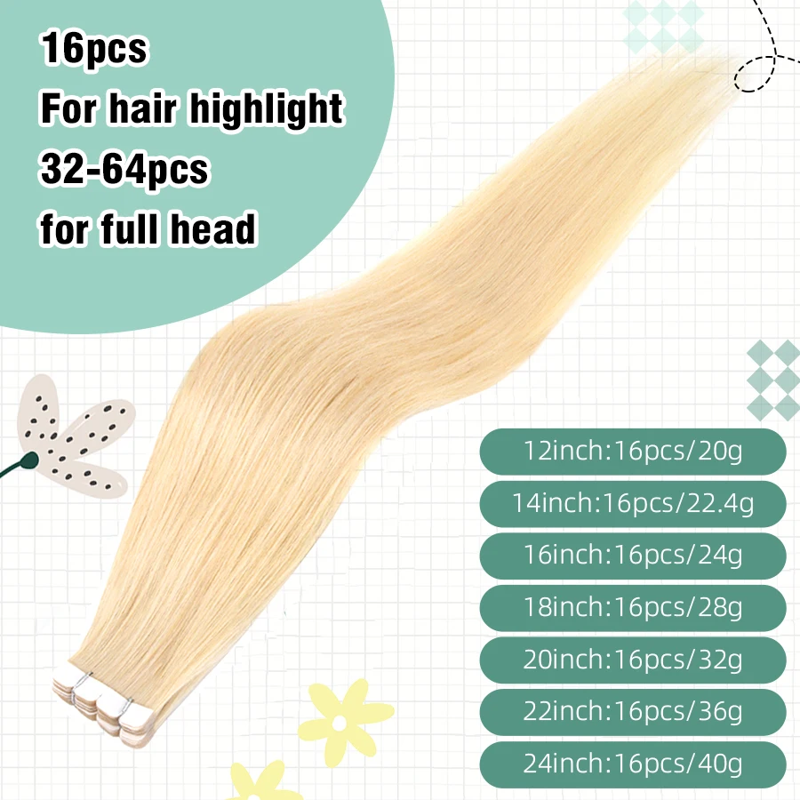 Vlasy 16pcs Blonde #613 Mini Tape In 100% Human Hair Extensions Seamless Invisible Straight Strap Human Hair Wigs 12-24 inches