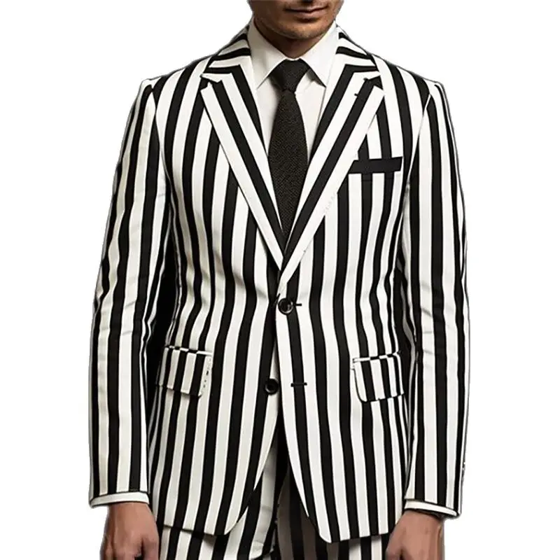 White and Black Stripe Men\'s Suits Single Breasted Notch Lapel 2 Piece Jacket Pants Formal Outfits Ropa Hombre Slim Fit Tailor