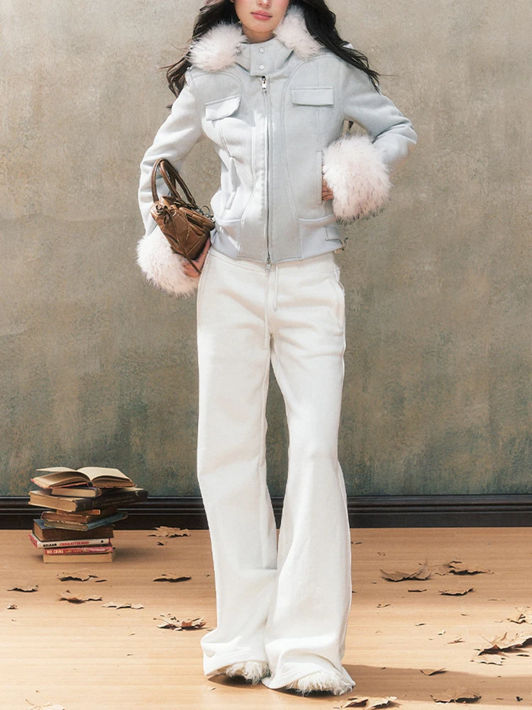 

Blue Fur Collar Spliced Deer Skin Velvet Hooded ort Jaet Women's Autumn Winter Warm Top Korean Sle Long Sve Zipper