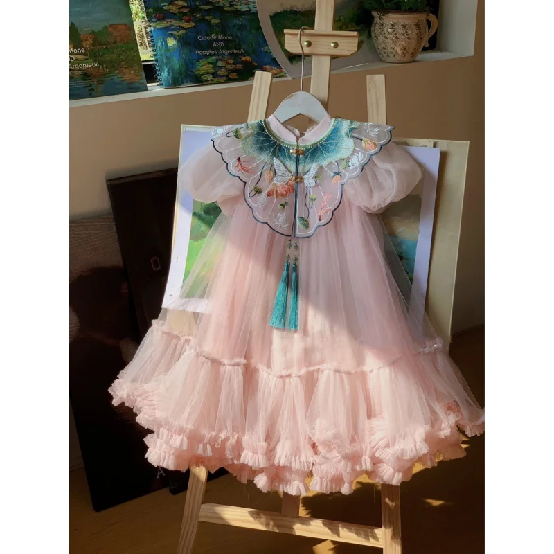 

2024Spring and Summer New Girls Cheongsam Dress Western Style Chinese Style ChildrentutuSkirt Baby Princess Dress in Stock Tide