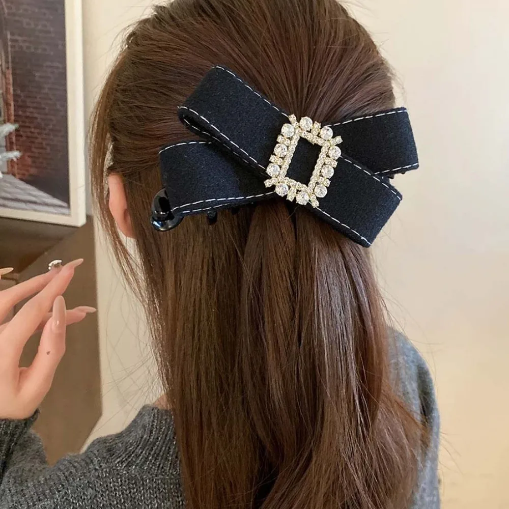 

Элегантная заколка-банан с бантом, пластиковая, квадратная, со стразами, для женщин, вертикальная заколка-зажим, в корейском стиле, для хвоста, держатель для волос