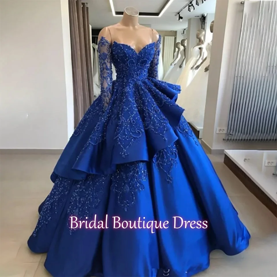 Customized Charming Blue Beaded Off The Shoulder Ruffles Satin A Line Wedding Dress 2026 Backless Sweep Train Tulle Bridal Gowns