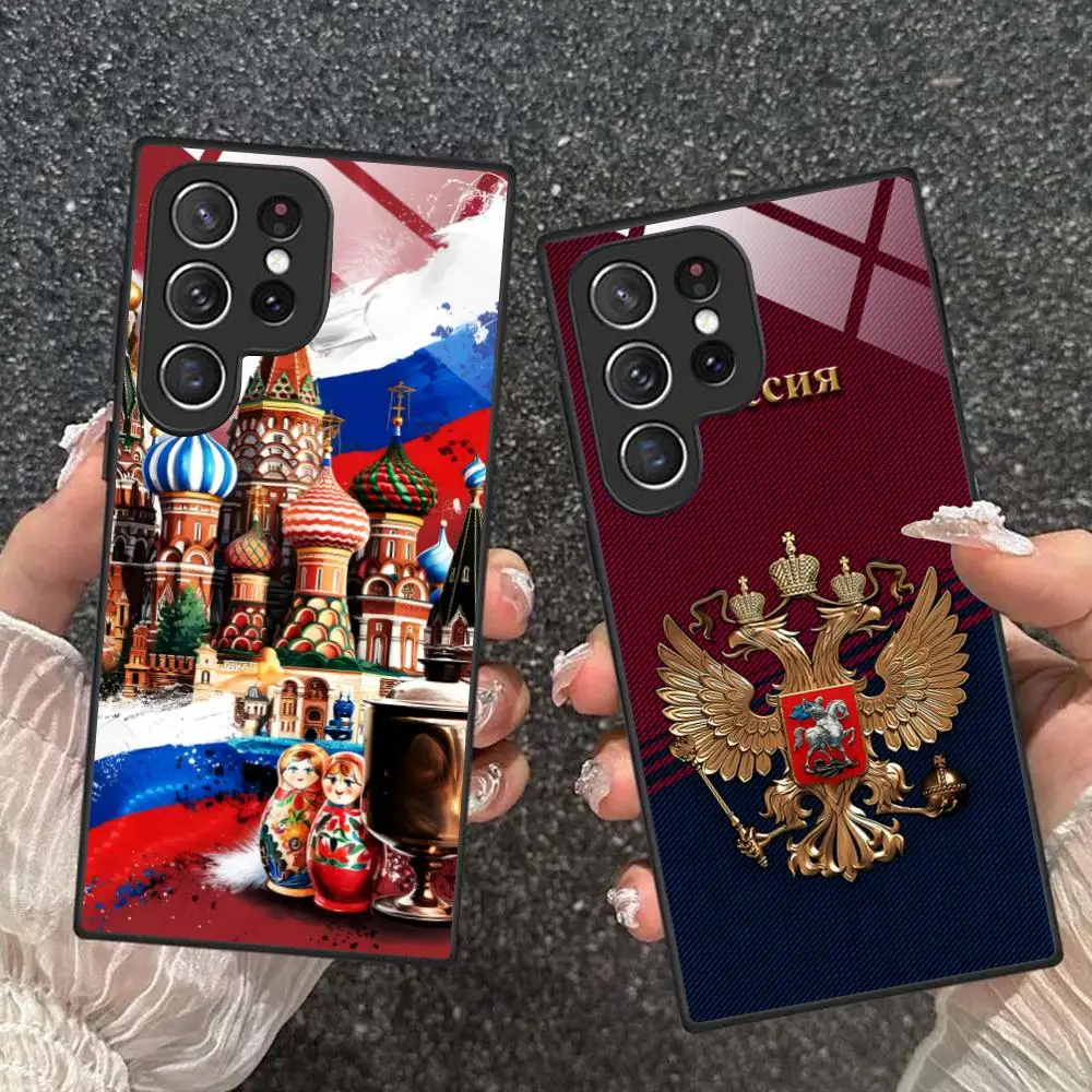 Russland Flagge Mobile Handy Fall für Samsung Galaxy S25 S24 S23 S22 S21 S20 Note20 Plus FE Ultra Glas Abdeckung Abdeckung Smartphone