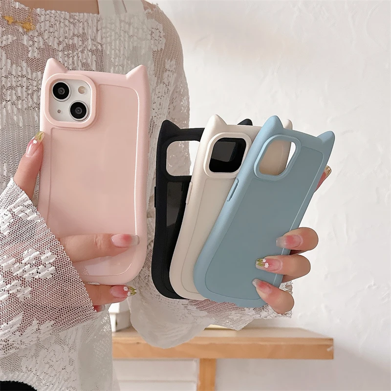 Korean Cute 3D Kitten Cats Ear Solid color Phone Case For iPhone 15 14 13 11 12 Pro Max Girl Silicone Shockproof Soft Cover