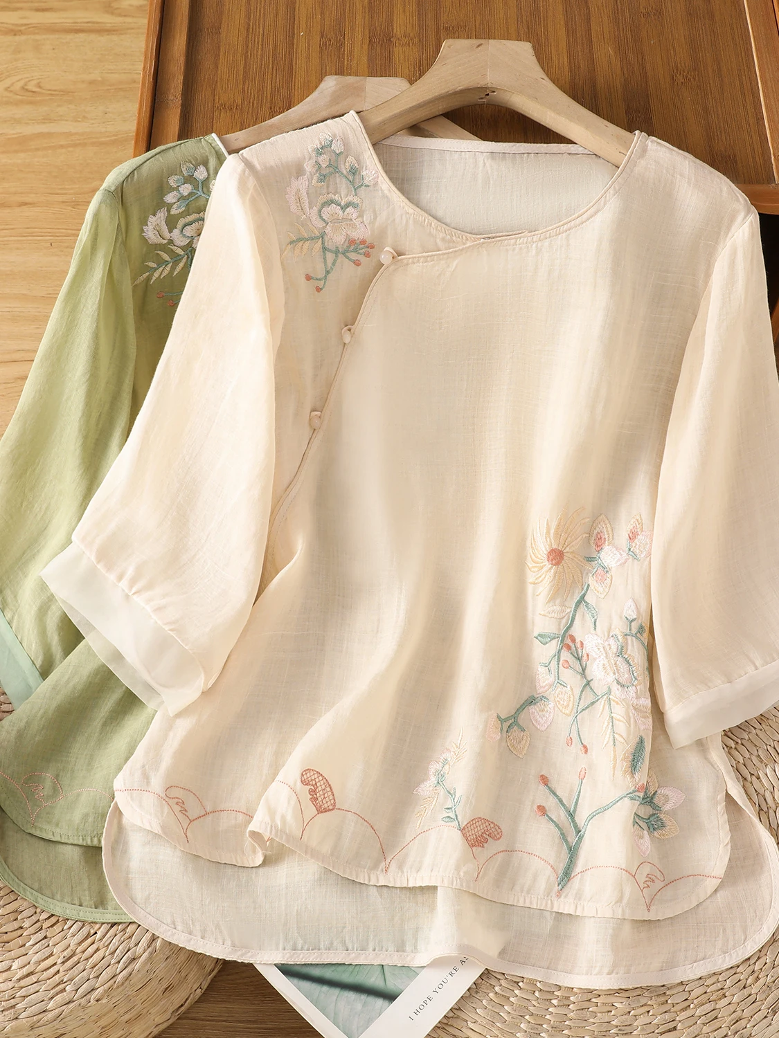 Artistic Embroidered Oversized round Ne Five-Quarter Sve Loose Slimming Top Summer Casual Cotton Blend Women's irt