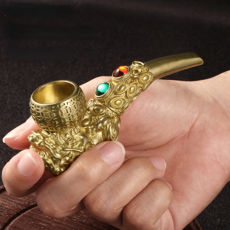 Chinese Style Antique Smoking Pipe with Gemstone and Pixiu for Men\'s Smoking and Collectible Art Piece