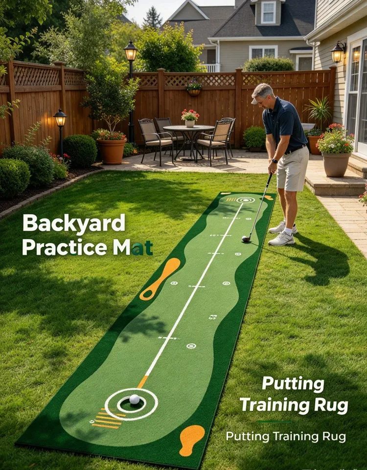 VIKAMA 1. Long Golf Putting Training Mat, Green Portable Practice Rug with Distance Mark Lines, Non-slip Indoor Backyard Garden