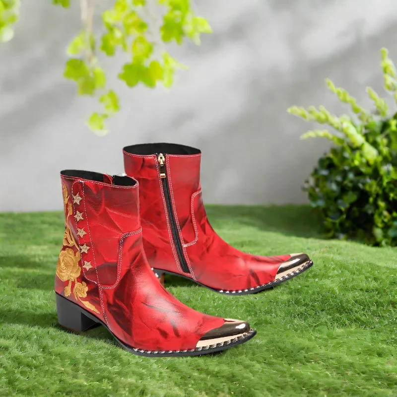 Herbst-Winter-Neue rote bestickte Stiefeletten für Herren, coole Metallkappe mit Nieten, Retro-Muster, seitlicher Reißverschluss, klobiger Absatz, modisch – Detail 4