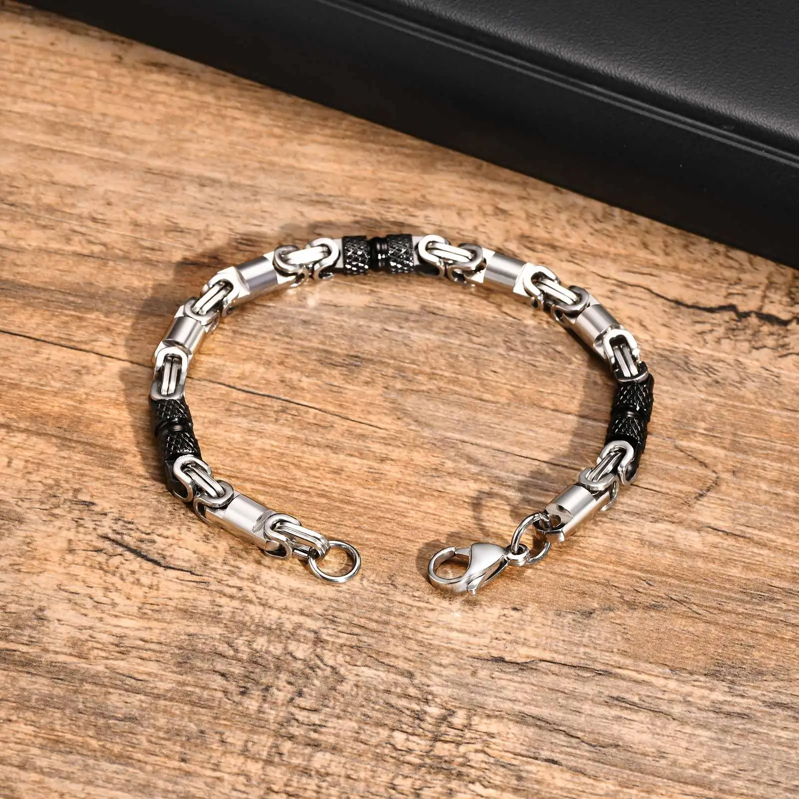 Vnox 6mm Cool Byzantine Bracelets for Men Boys, Black Silver Color Stainless Steel Link Chain Wristband,Punk Rock Hiphop Jewelry