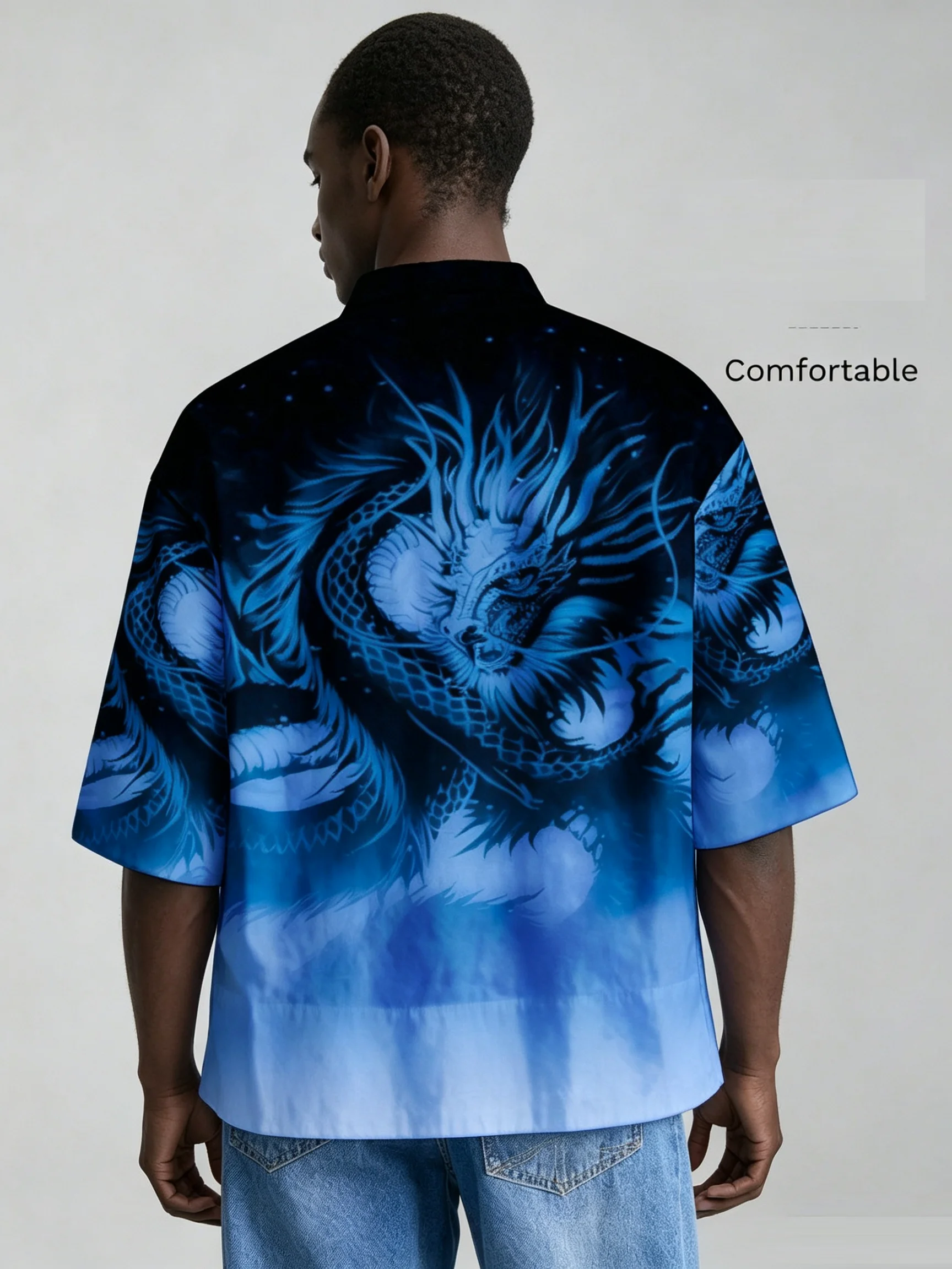 Men Chinese Style Frog Button Stand Collar Shirt, Loose Short Sleeve Dragon Tiger Print Casual Blouse For Summer