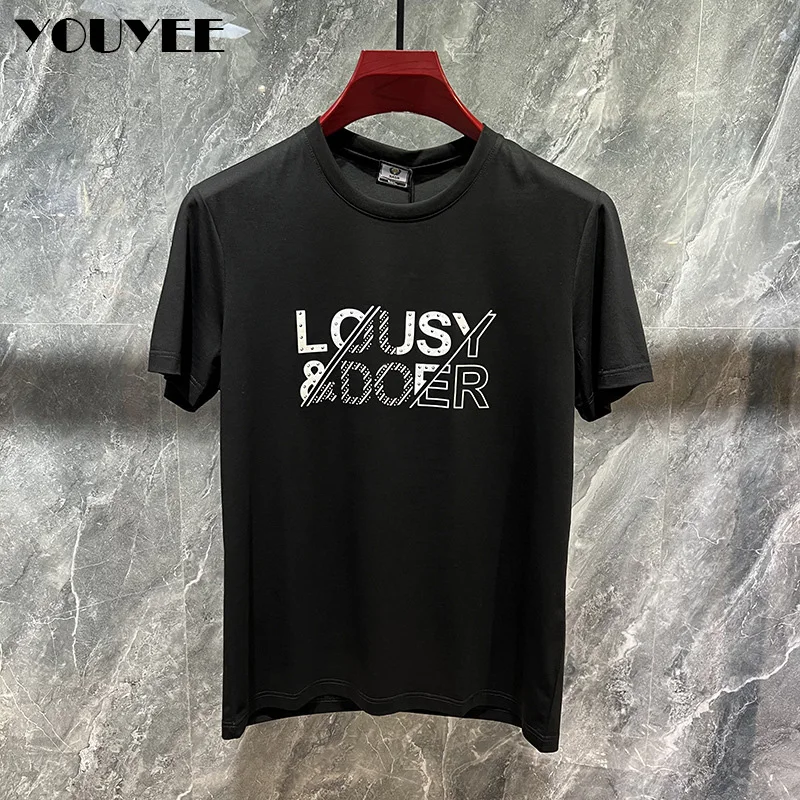 Men\'s Trend T-shirt Letter Printing Slim Fit Round Neck Youth Male Tees 2023 Summer Fashion Causal Versatile Blue Tops Clothing