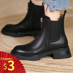 Meotina Women Genuine Leather Ankle Chelsea Boots Platform Thick Mid Heel Zipper Short Boots Round Toe Lady Shoes Autumn Winter