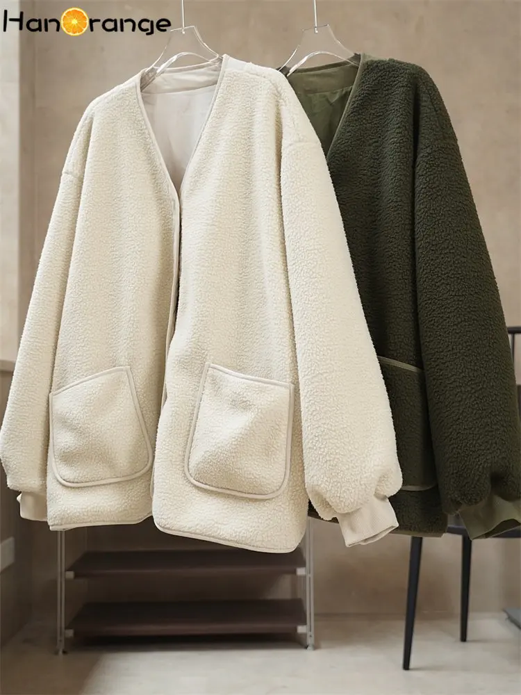 HanOrange 2024 Winter Simple Thickened Polar Fleece Jacket Women Loose Warm Casual Outwear Female Off-white/Army Green