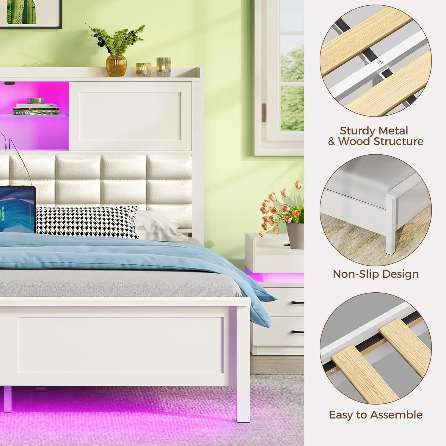 Bed with LED Light and Sliding Doors, Platform Bed with Wooden Slats, No Box Spring Needed, Noise Free, White