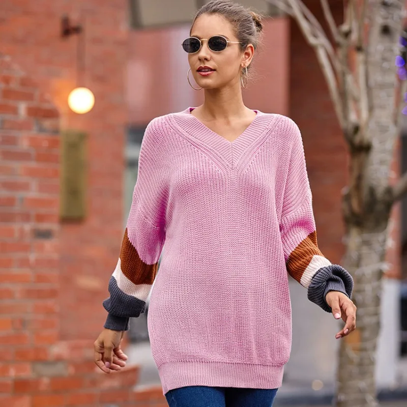 

Fashion Knitted Women's New Sweater Autumn Chicken Heart V-neck Lantern Sleeve Striped Color blocked Knitted Sweater Sweater