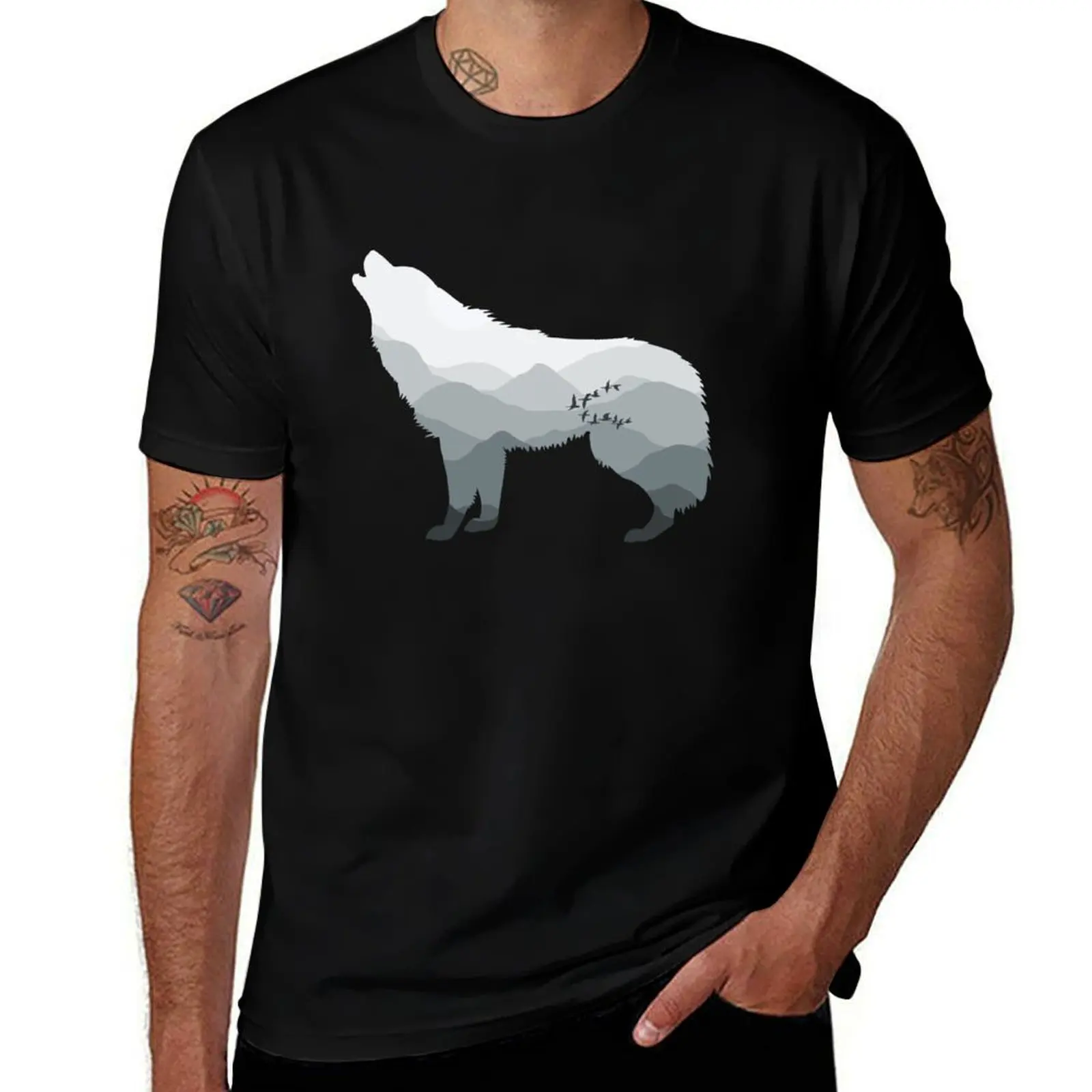 

Ombre Wolf - Silver, Grey / Gray W/B T-Shirt Mechanic Work Tee Shirt