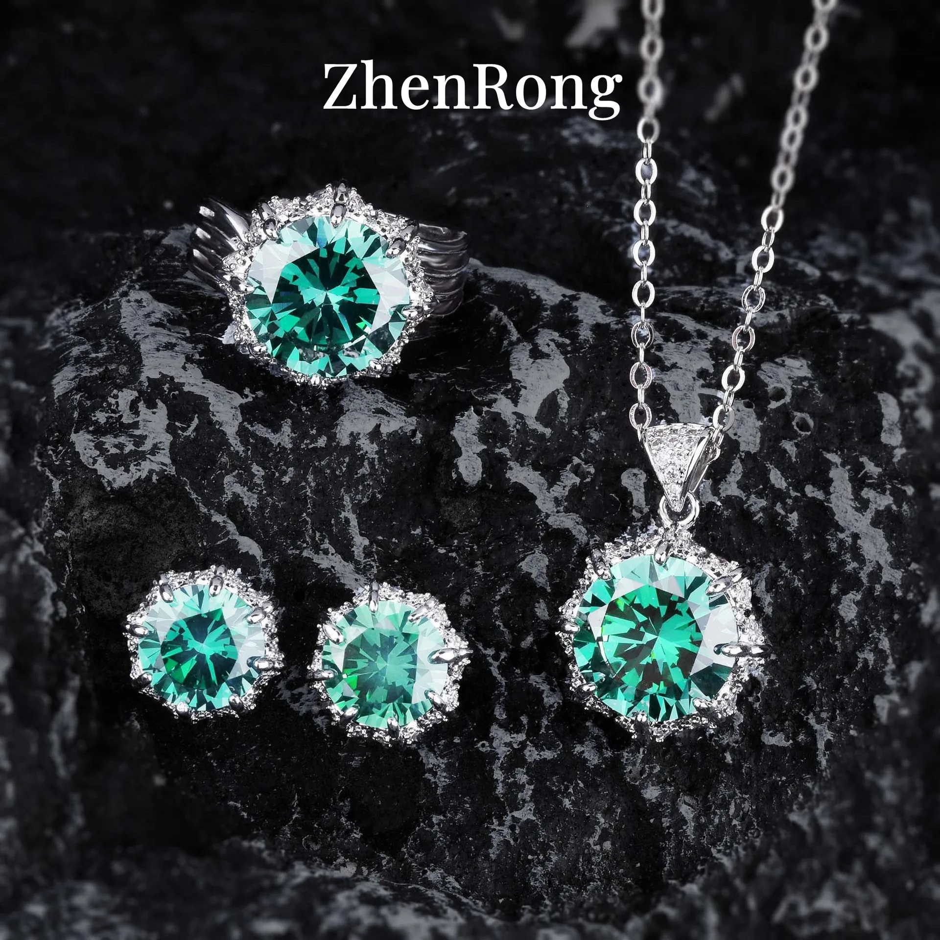 New Women Luxury Simple Bridal Wedding Jewelry Sets 7.5 Carat Artificial Blue Green Moissanite Pendant Necklaces Earrings Rings