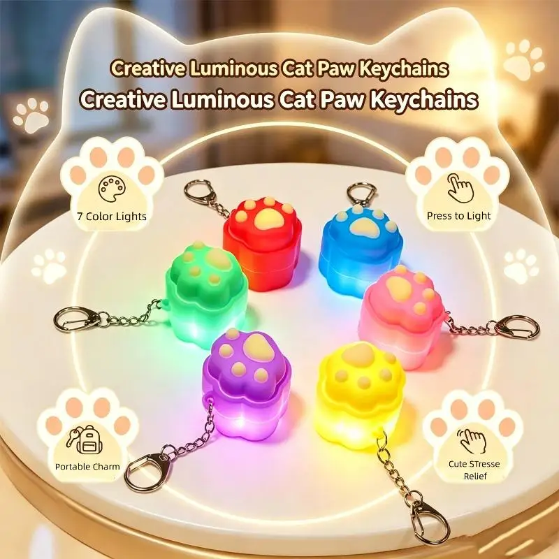 Cute Glowing Cat Paw Keychain Press Activated LED Light 6 Assorted Colors Lightweight Key Holder for Student Daily Use