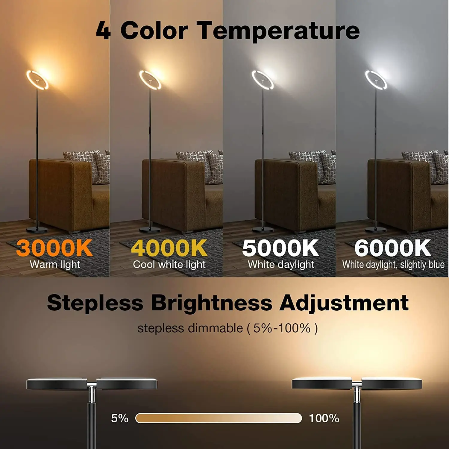Modern Stepless Dimmable Standing Lamp Rotatable Reading Standing Light,Touch&Remote Control Uplighter Floor Lamp for Bedroom