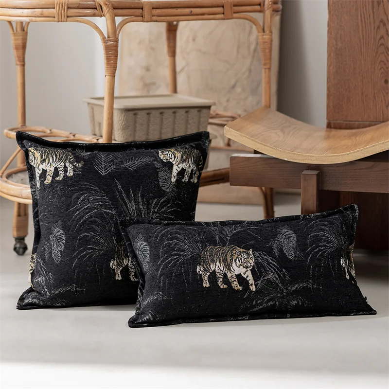 Leopard Chenille Cushion Cover Rectangle 30x60cm Pillowcase Shell For Sofa Bed Couch Home Decoration Light Luxury Vintage Black
