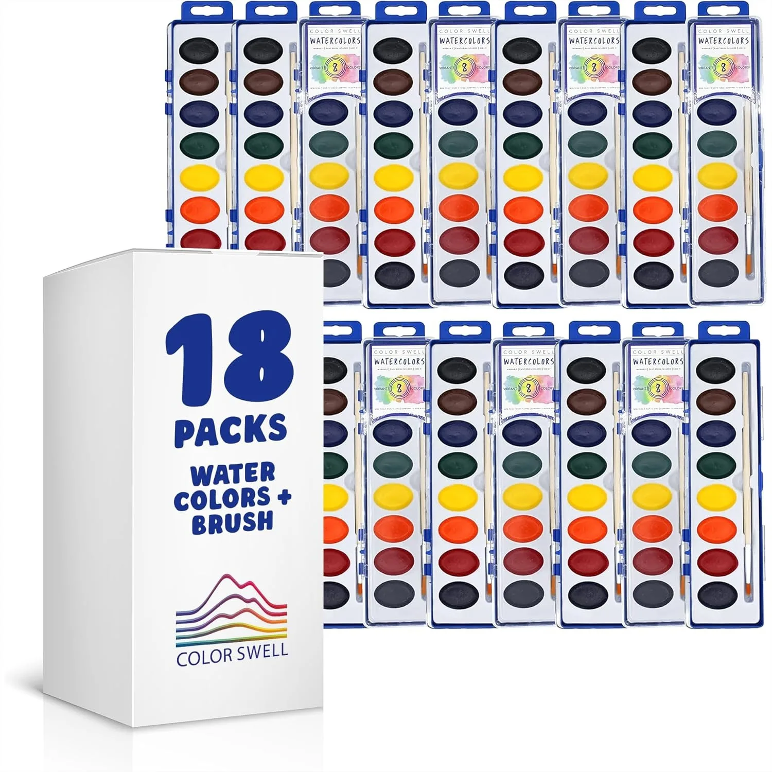 

18 Pack Washable Watercolor Paint Sets for Kids with 8 Colors and Wood Brushes Classroom Art Supplies