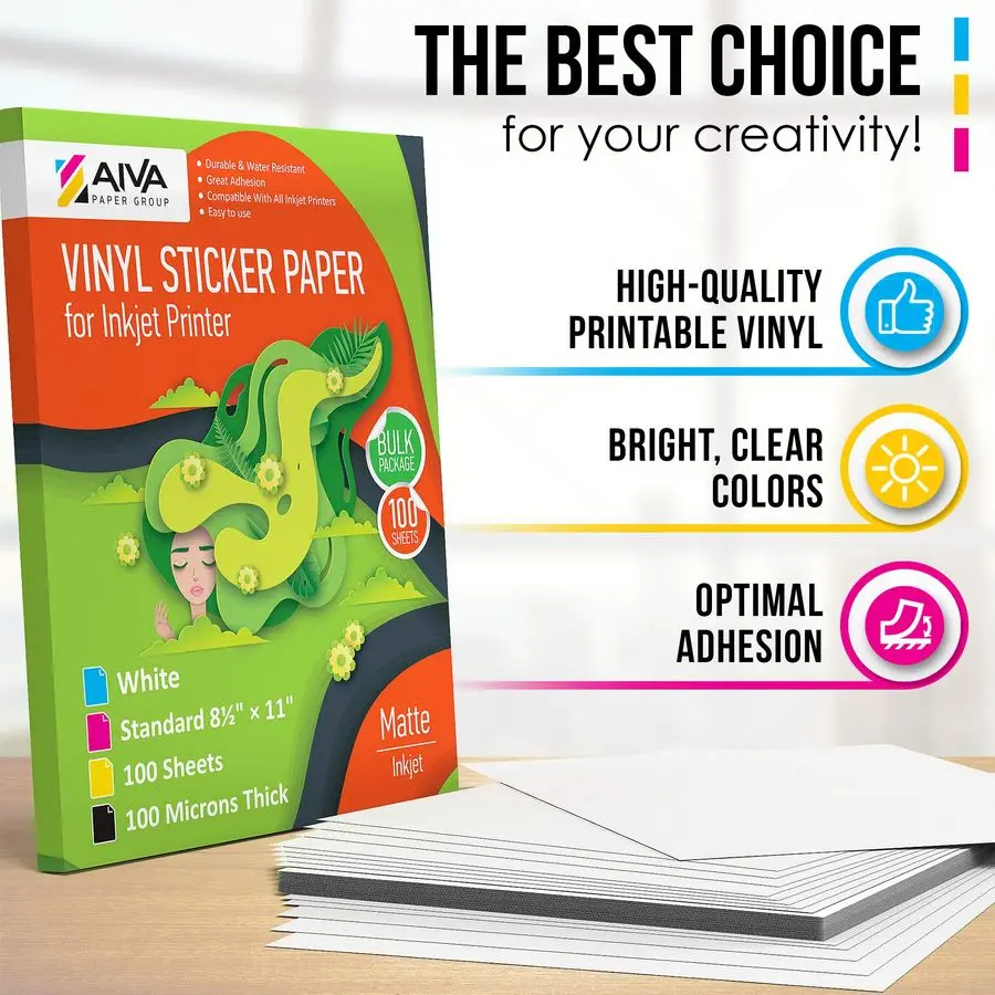 ورق لاصق فينيل للطابعة النافثة للحبر أبيض غير لامع 100 ورقة ذاتية اللصق ورق لاصق مقاوم للماء حجم الحروف القياسية 8.5x11