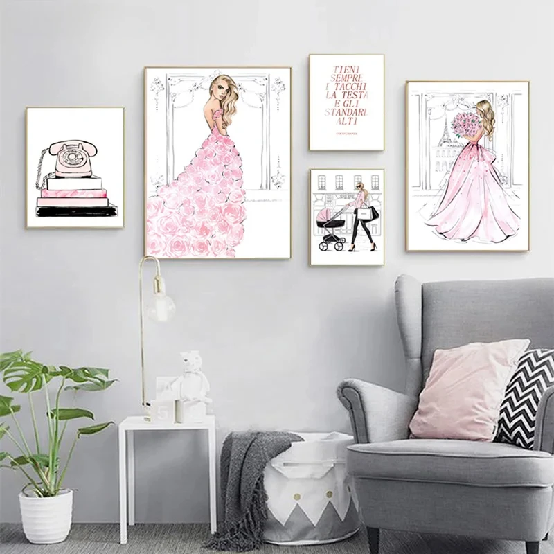 Nordic Posters for Home Decor, Wall Art, Canvas Painting, Pictures, Pink Skirt, Beauty Girl, Flower Prints, Living Room