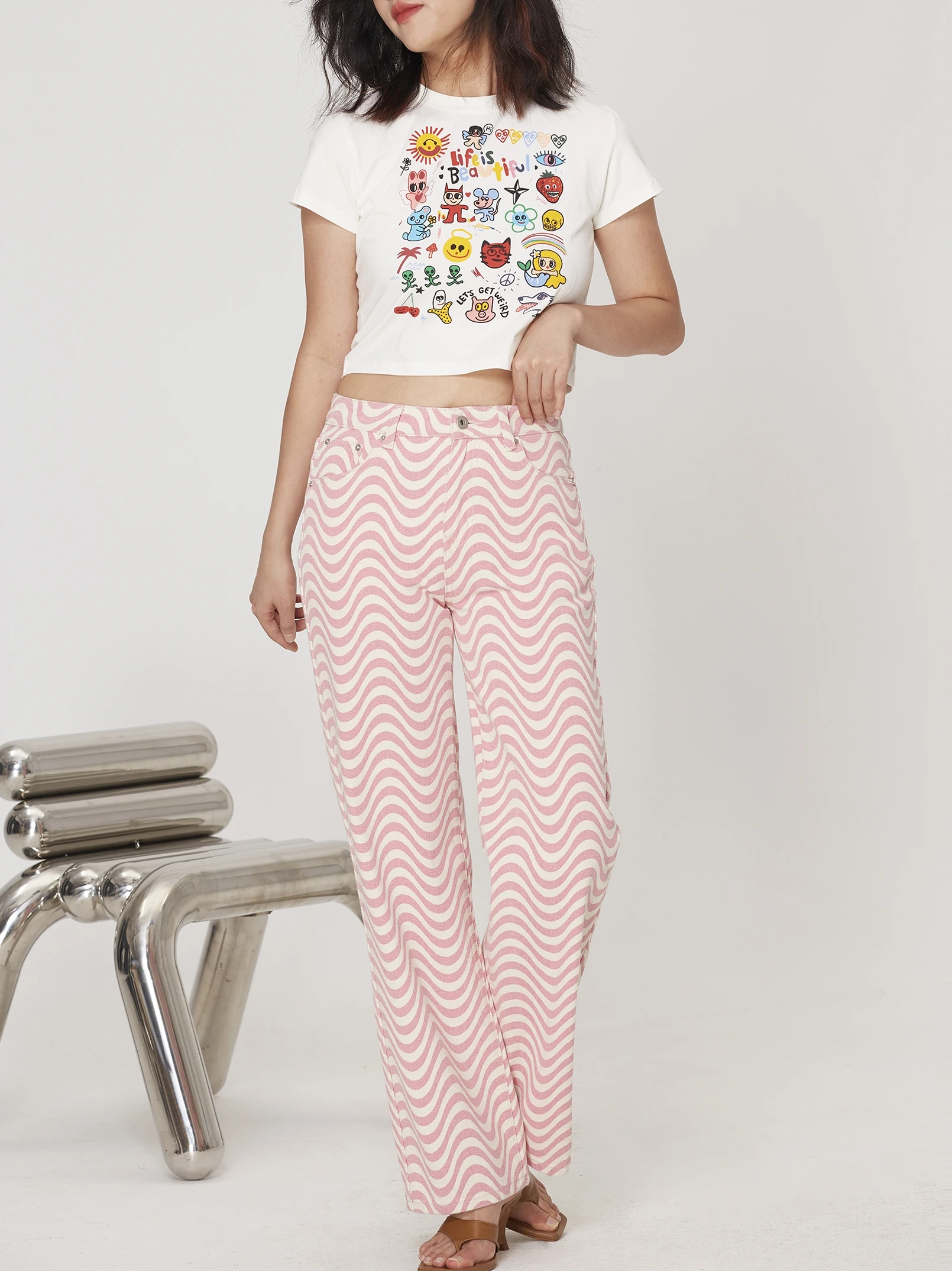 

Spring Summer New Pink Ripple Straight Leg Denim American Retro Pants Design Long Trousers Women's Casual Pants