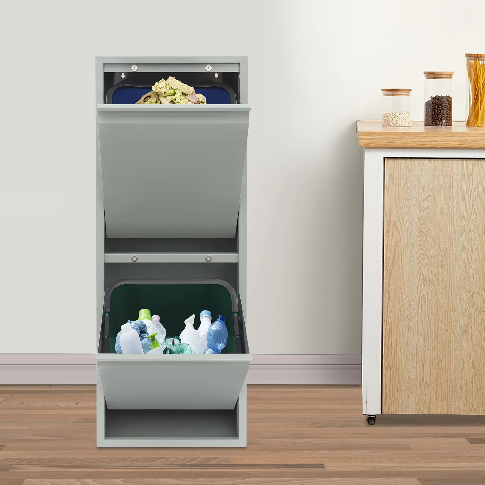 

Шкаф для мусора и переработки с двумя ведрами Органайзер для мусора и переработки Наклонный шкаф для мусорного бака