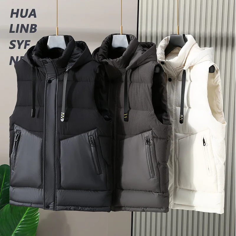 2024 New in Men\'s Vest Autumn Thick Warm Hooded Cotton Padded Casual Vest Men Golf Sleeveless Jacket Pockets Big Size Waistcoat