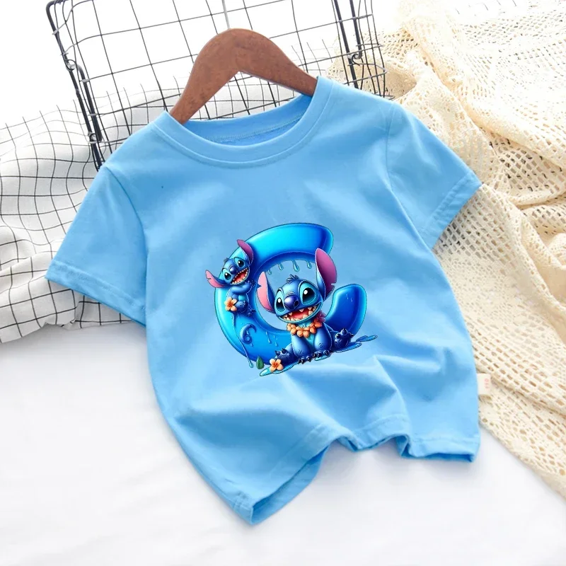 Lilo & Stitch T-shirt in cotone per bambini Disney Cartoon Boy Lettera AZ Vestiti Ragazza T-shirt Camicia Vestiti Anime Kawaii Top Abbigliamento per bambini