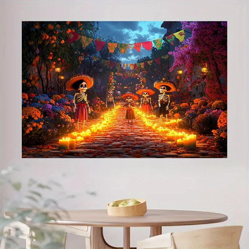 1pc Mexican Day of the Dead background cloth with skeletons, flower patterns and Paper Cuttings - colorful party decorations view 2