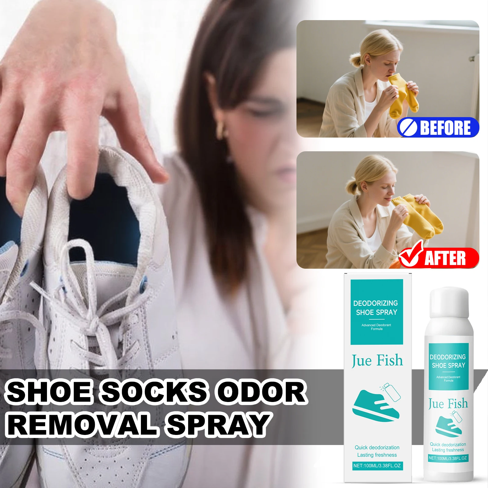 JUE FISH-Calcetines para zapatos, 100ml, Spray para eliminar olores, desodorante portátil para calzado, refrescante rápido, Control de olores de larga duración, fórmula suave