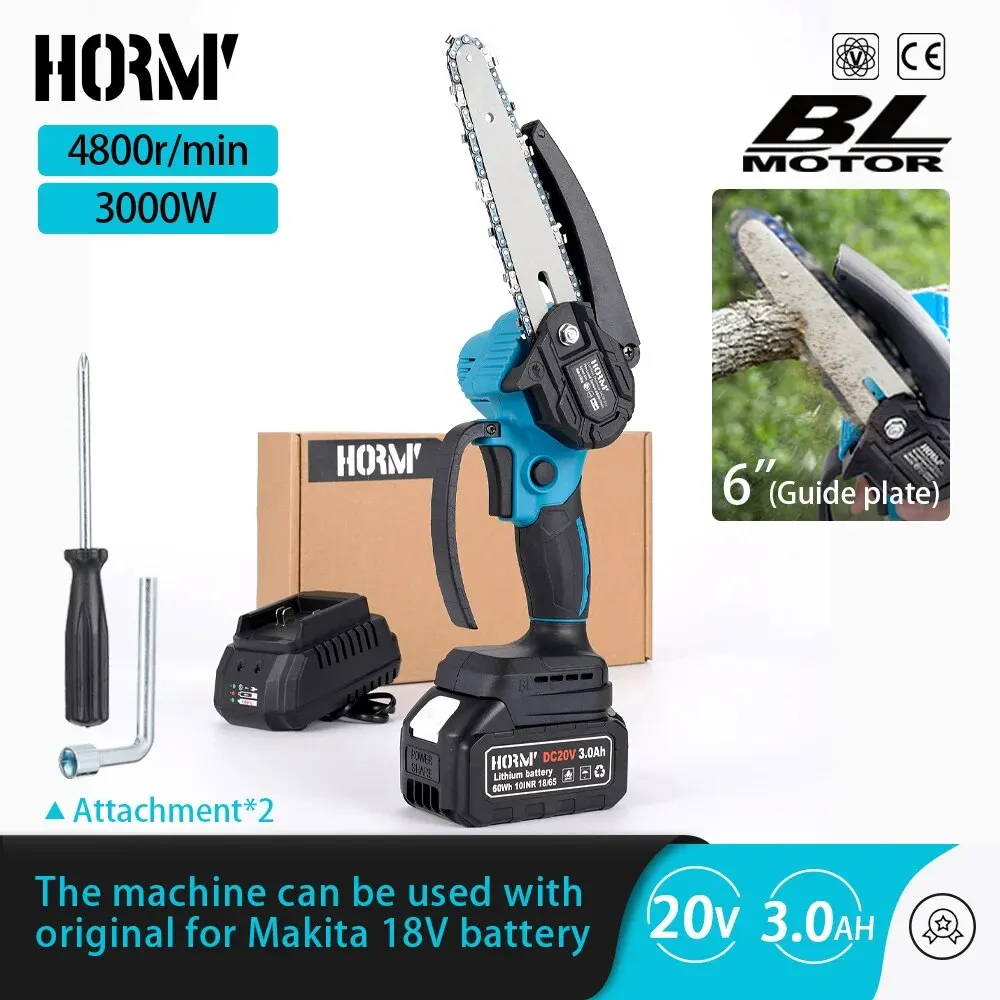 Hormy Brushless 6 Inch Mini Electric Chain Saw Cordless Pruning Chainsaws Garden Wood Cutting Power Tool For Makita 18V Battery